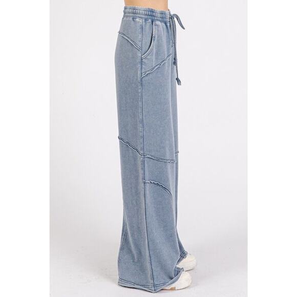 Mittoshop Asymmetric Seam Mineral Wash Elastic Waist Side Pockets Pants | Medium - Picture 3 of 5